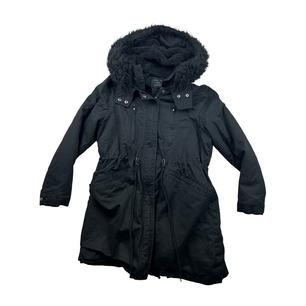 Love Tree Womens Medium Black Sherpa Lined Parka Faux Fur Hood Utility Jacket